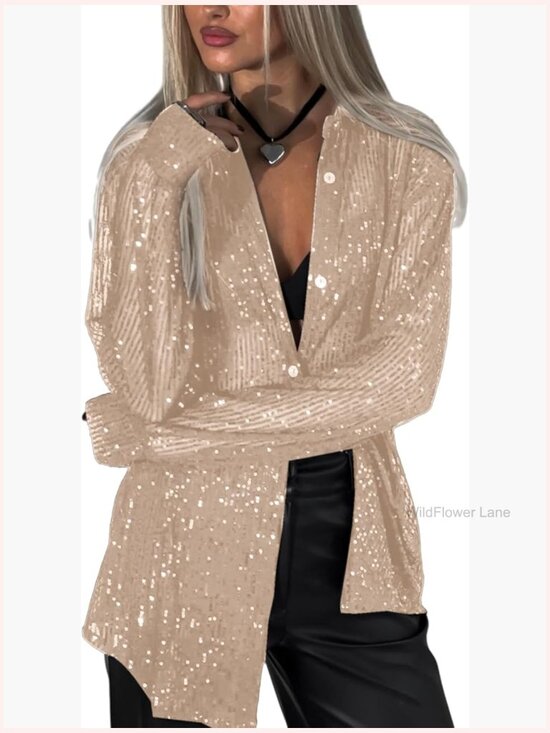 Tops - Sequin Long Sleeve Button Down Shirt Open Front Glitter Blouse Tops